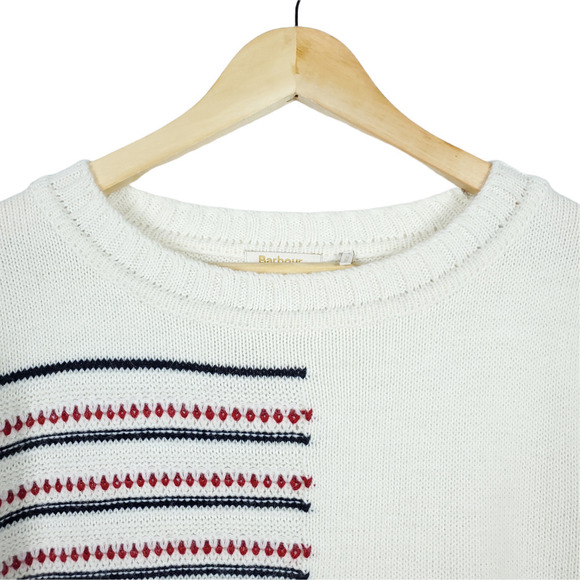 Barbour Sweater 14 Seaton Alpaca Wool Cashmere Knit White Striped Pullover - Picture 2 of 10